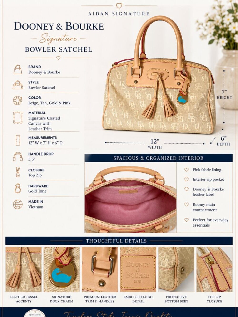 Dooney & Bourke Beige DB Monogram Canvas Bowler Satchel Leather Tassel Charm Bag - Picture 2 of 12